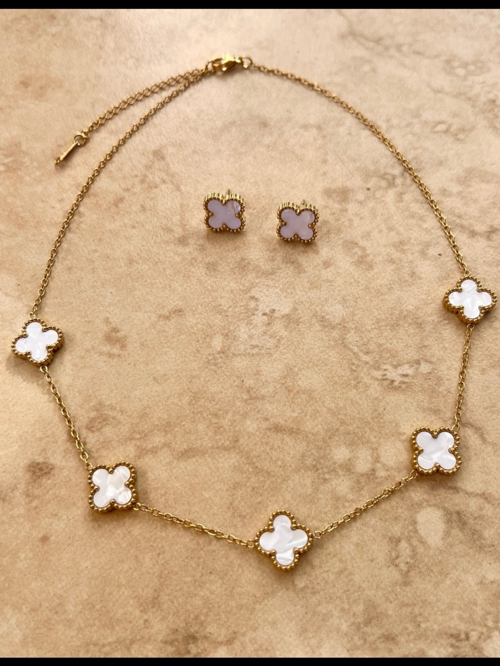 Stainless Steel Gold Tone White Clover Necklace and Stud Earrings Set